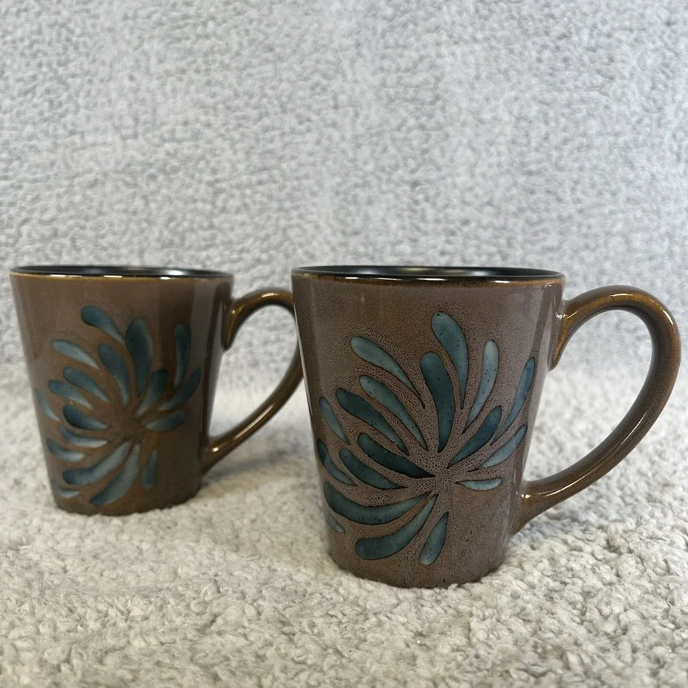 Pier 1 Blue Mum Set of 6 Retired Large Coffee Mugs Hand Painted Stoneware‎